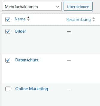 WordPress Kategorien Bearbeiten Mehrfachaktionen
